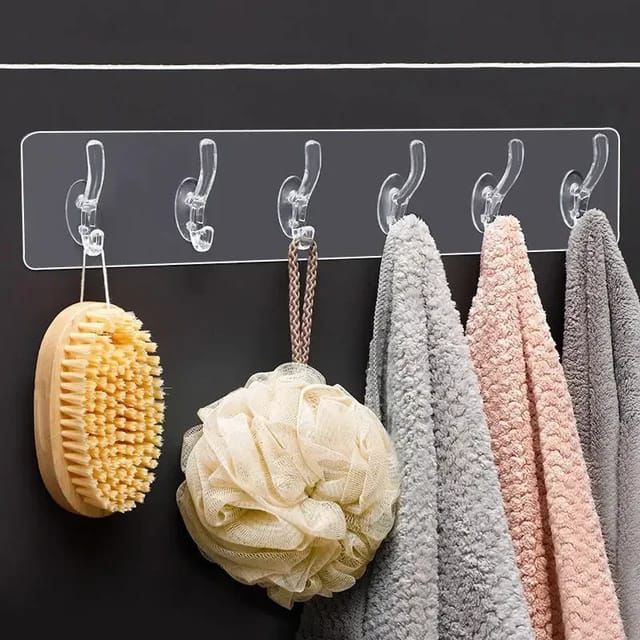 Transparent Adhesive Wall Hook Rack | 6-Hook Strong Hold Hanger for Bathroom, Kitchen & Bedroom